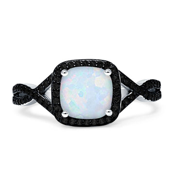 Halo Cushion Infinity Twist Side Stone Black CZ Fashion Ring Lab Created White Opal 925 Sterling Silver Wholesale